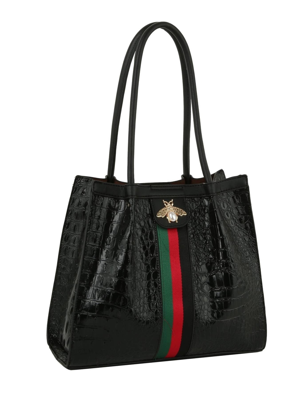 Black Croc-Embossed Tote with Red & Green Stripe